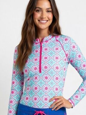 Aqua SOL Womens Upf 50 Swimwear Set - Pink and Blue Floral Pattern (SIZE:SMALL)